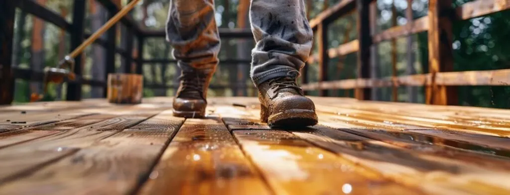 a decking contractor evenly applying wood stain to a pressure-treated wood