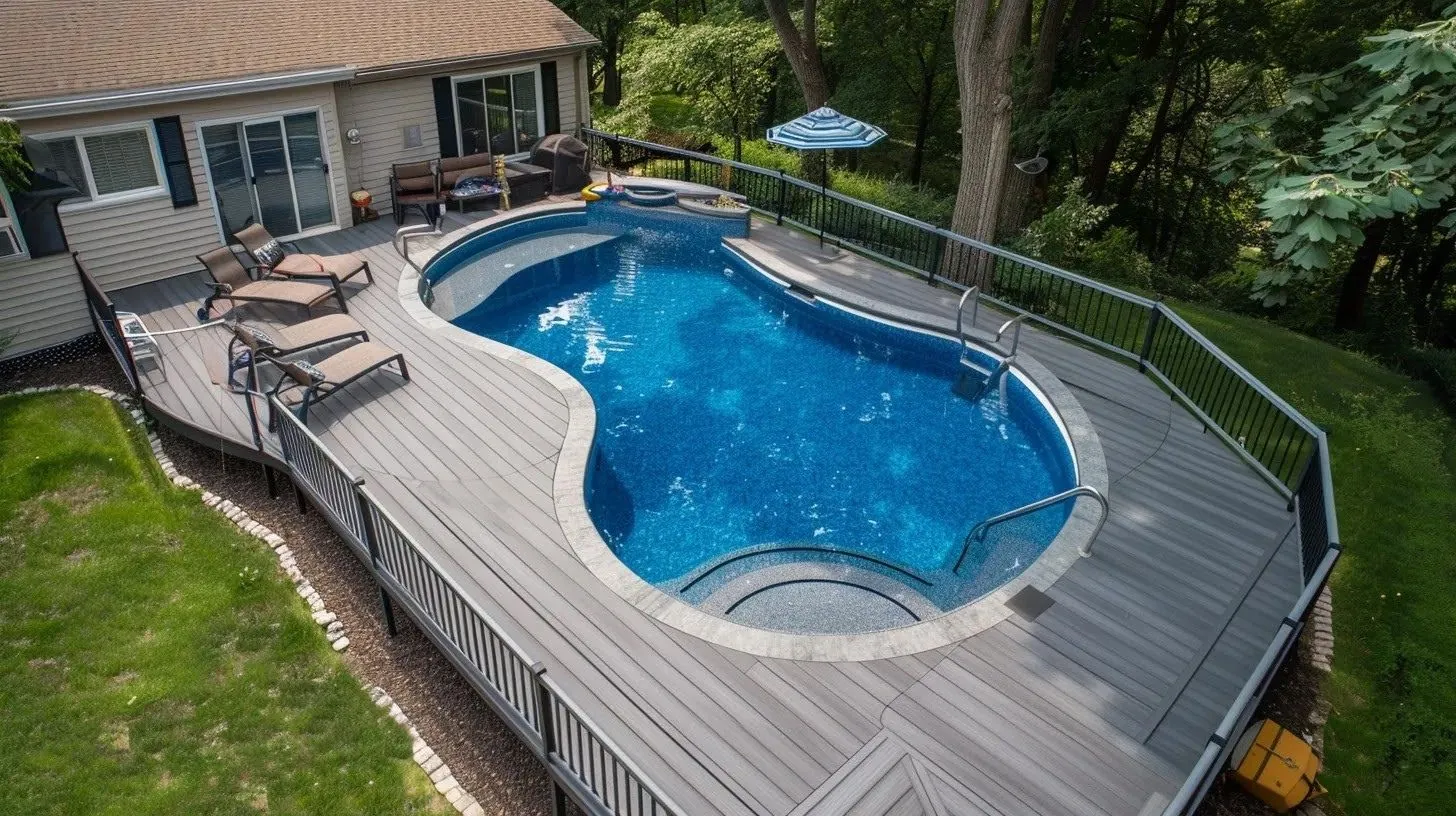 above ground pool surrounded by sleek, modern grey composite decking.