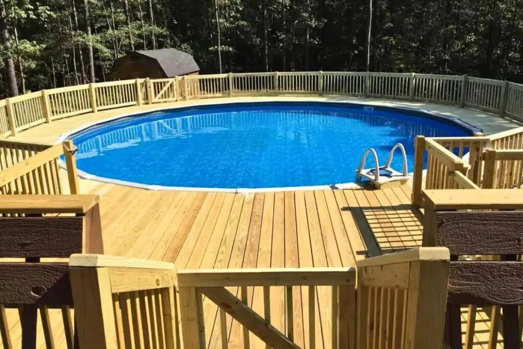 above ground pool with wooden decks