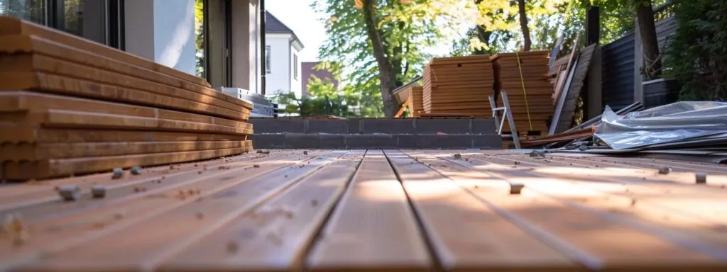 a spacious composite deck under construction, with a variety of budget-friendly materials neatly stacked nearby