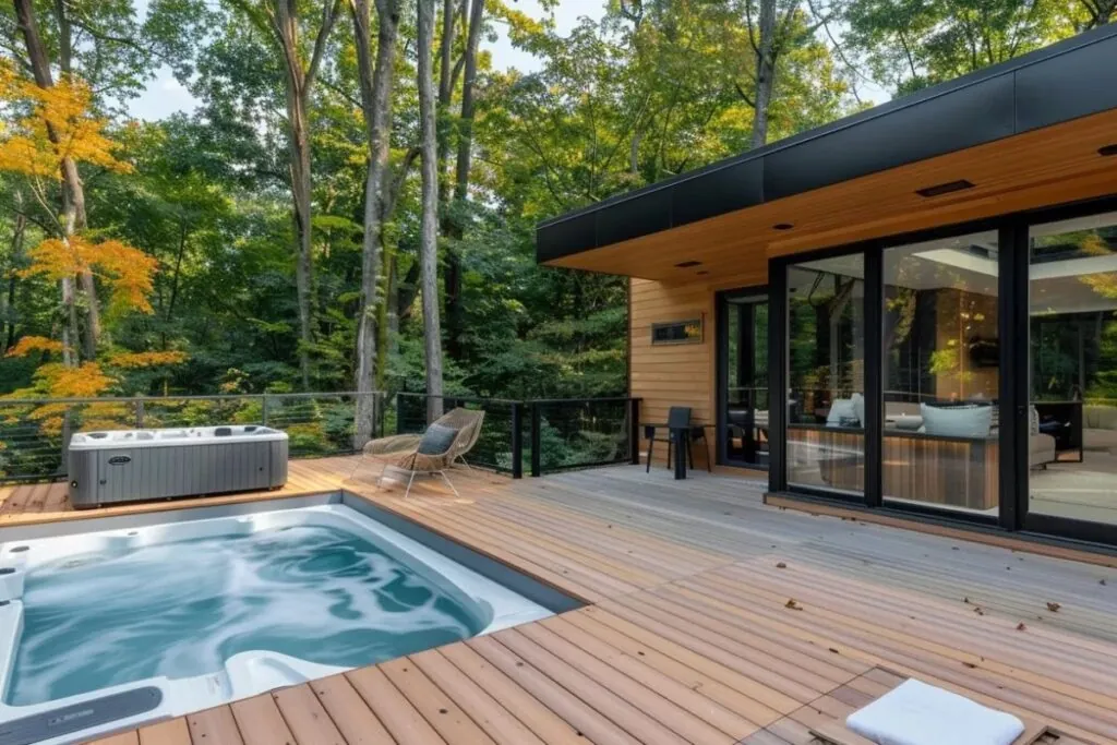 a spacious outdoor deck made of sleek, modern composite material, with a cozy hot tub