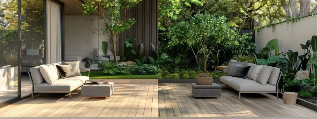 a stylish 20x20 composite material deck with modern furniture and lush green plants, blending seamlessly into a backyard landscape